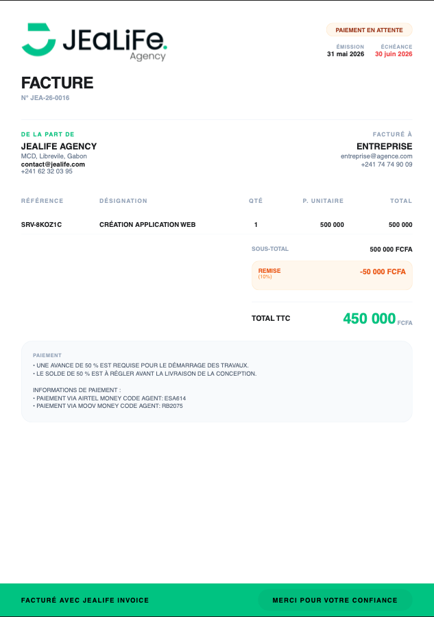 Aperçu d'une facture générée avec JEaLiFe Invoice